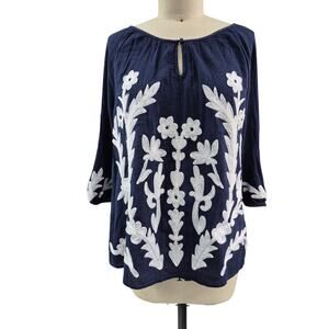 Charter Club Cotton Blend Gauzy Top Navy Blue White Embroidered Flowers Sz XL